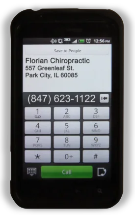 Mobile phone screen displaying Florian Chiropractic contact information and phone dialer keypad