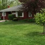 Red brick single-story building with white trim surrounded by lawn and flowering trees